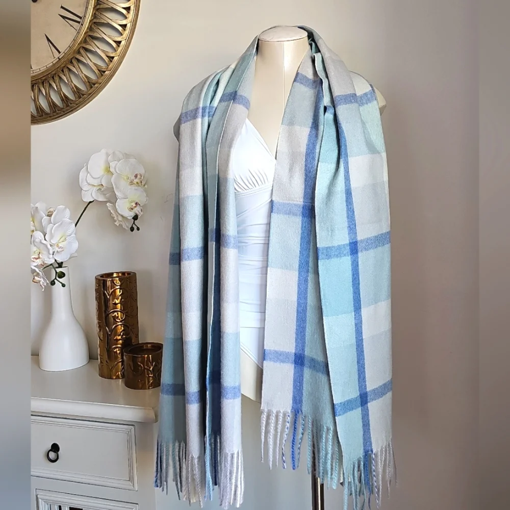 Pretty Pursuasians Scarf Pale Blue White Gray Fringe Scarf Wrap